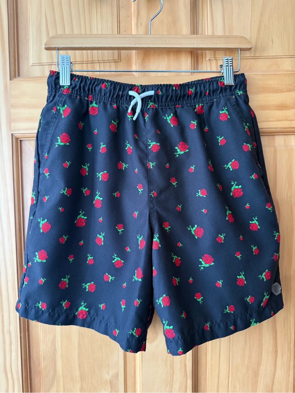 Empyre Black Swim Shorts with Red Rose Accent